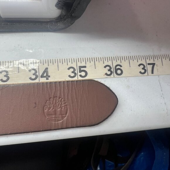 Timberland Brown Genuine Leather Belt Silver Buckle Logo Men Belt Size 30-32" - Picture 5 of 7
